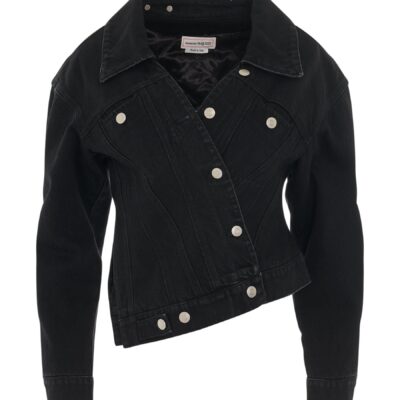 MARAIS Twisted Asymmetric Denim Jacket in Black - Image 1