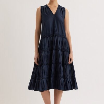 Merlette NYC Wallis Smocked Dress in Navy - Image 1