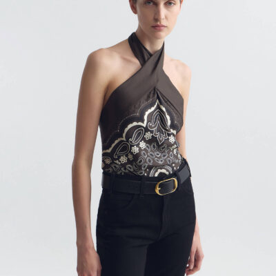 Nili Lotan SOLAL SILK HALTERNECK TOP — BROWN/ IVORY BANDANA PRINT - Image 2