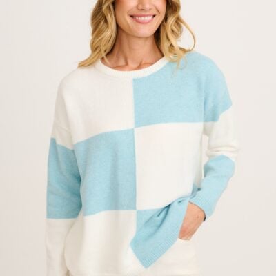 St Frock Zipporah Knit in Blue and White Colour Block Cotton Blend — S - Image 1