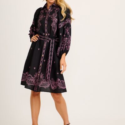 St Frock Zia Shirt Dress in Black with Pink Placement Print Linen Blend — 8 - Image 1
