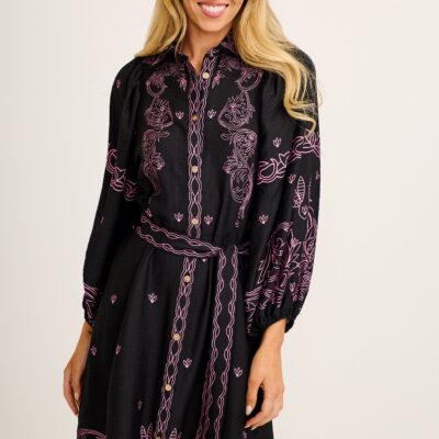 St Frock Zia Shirt Dress in Black with Pink Placement Print Linen Blend — 8 - Image 2