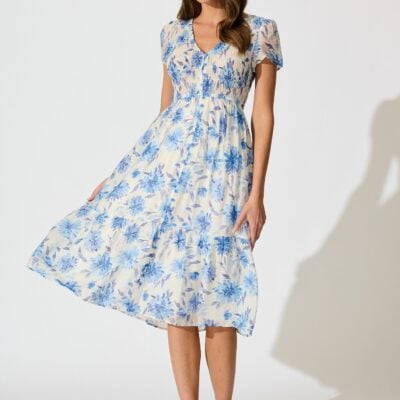 St Frock Zennith Midi Dress in Cream with Blue Floral — 8 - Image 1