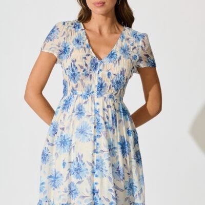 St Frock Zennith Midi Dress in Cream with Blue Floral — 8 - Image 2