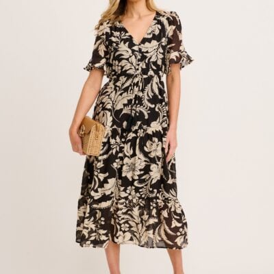 St Frock Zaelle Midi Dress in Black with Cream Floral — 8 - Image 1