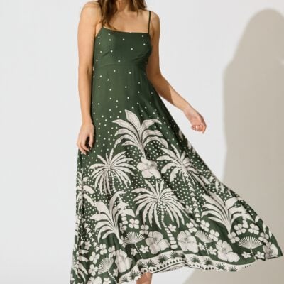 St Frock Yetta Maxi Sundress in Emerald with White Palm Print — 8 - Image 1
