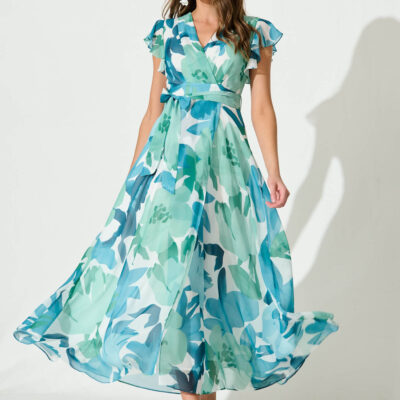 St Frock Wynter Maxi Dress In Green And Blue Floral Chiffon — 8 - Image 1