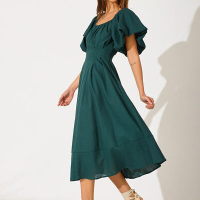 St Frock Wintour Midi Dress In Emerald Linen Blend — 8 - Image 3