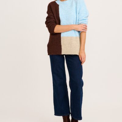 St Frock Winter Escape Knit in Blue with Brown Colourblock Wool Blend - Image 1