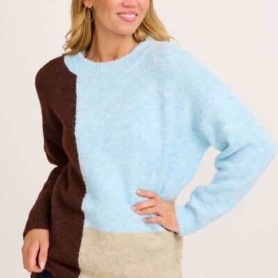 St Frock Winter Escape Knit in Blue with Brown Colourblock Wool Blend - Image 2