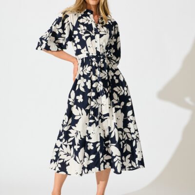 St Frock Willow Sky Midi Dress in Navy Floral Cotton Poplin — 8 - Image 1