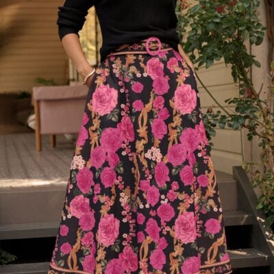 St Frock Wild Blossom Maxi Skirt in Black with Pink Floral Linen Blend — 8 - Image 1