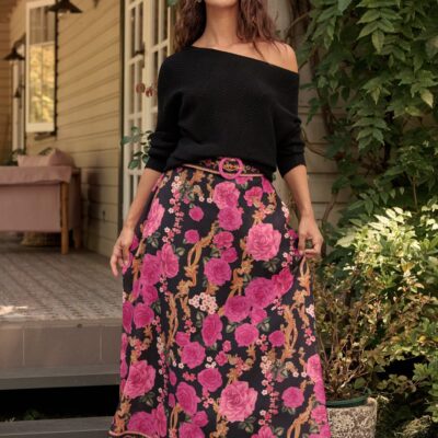 St Frock Wild Blossom Maxi Skirt in Black with Pink Floral Linen Blend — 8 - Image 2