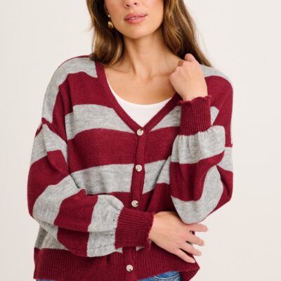 St Frock Whimsy Knit Cardigan in Wine with Grey Stripe — 8 - Image 1