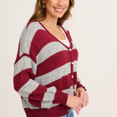 St Frock Whimsy Knit Cardigan in Wine with Grey Stripe — 8 - Image 2