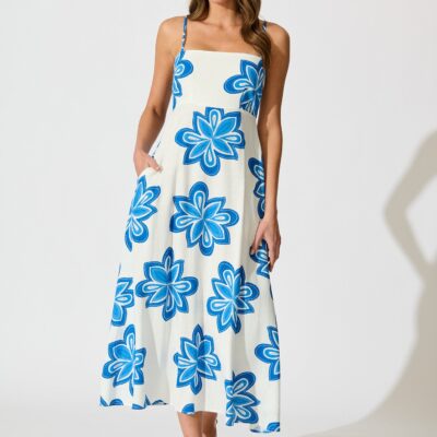 St Frock Waverly Maxi Sundress in White with Blue Flower Linen Blend — 8 - Image 1