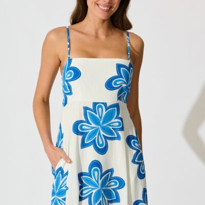 St Frock Waverly Maxi Sundress in White with Blue Flower Linen Blend — 8 - Image 2