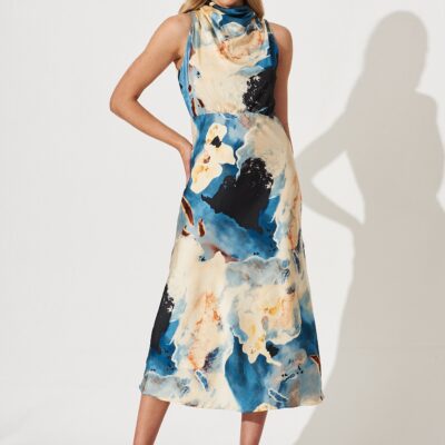 St Frock Vision Of Love Midi Dress In Blue Multi Watercolour Satin — 8 - Image 1