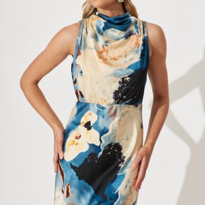St Frock Vision Of Love Midi Dress In Blue Multi Watercolour Satin — 8 - Image 2