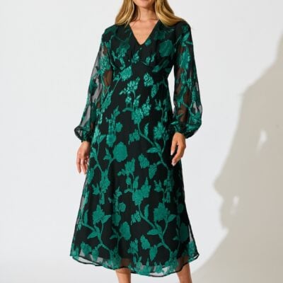 St Frock Viola Midi Dress in Black with Emerald Floral Burnout Chiffon — 8 - Image 1