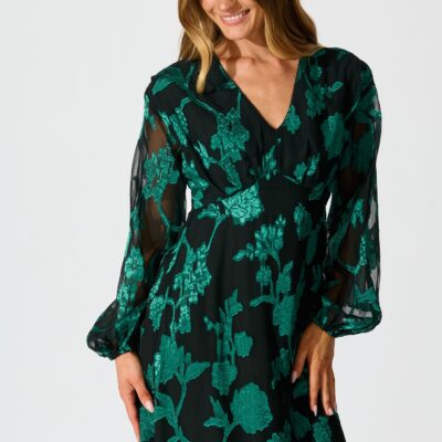 St Frock Viola Midi Dress in Black with Emerald Floral Burnout Chiffon — 8 - Image 2
