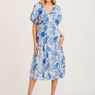 St Frock Vestia Midi Dress in Blue Leaf Print — 8 - Image 1