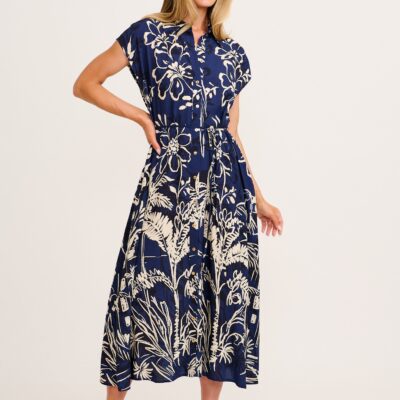 St Frock Tropical Escape Maxi Shirt Dress in Navy with Cream Print — 8 - Image 1