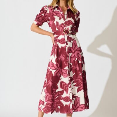 St Frock Trinity Maxi Shirt Dress in Red Floral Satin — 8 - Image 1