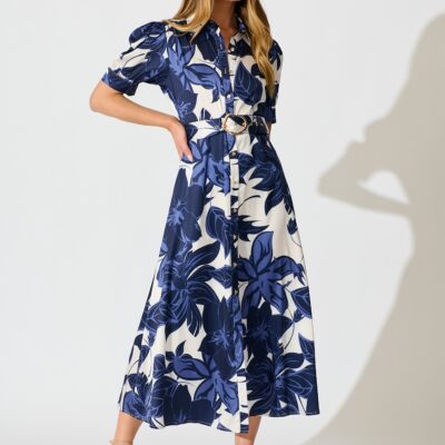 St Frock Trinity Maxi Shirt Dress in Navy Floral Satin — 8 - Image 1