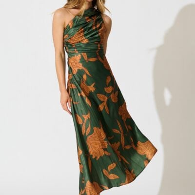 St Frock Toulon One Shoulder Maxi Dress In Khaki With Rust Leaf Print Pleated Satin — 8 - Image 1