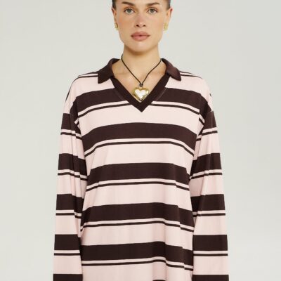 Summi Summi LS POLO TOP - CHOC ROSE STRIPE — XS - Image 1