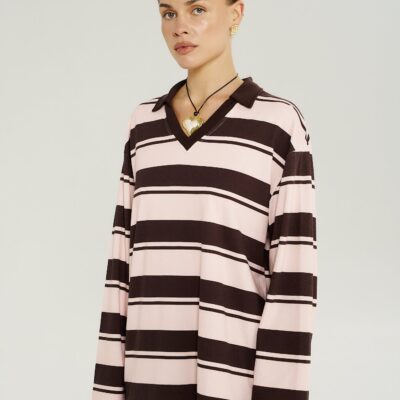 Summi Summi LS POLO TOP - CHOC ROSE STRIPE — XS - Image 2