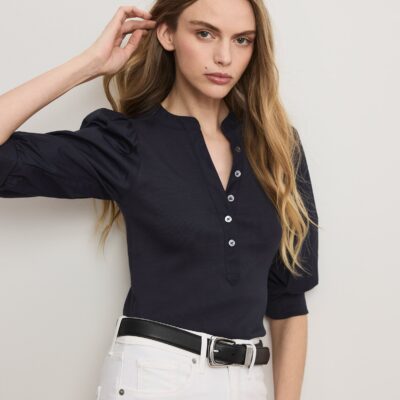 Veronica Beard Coralee Puff-Sleeve Top — Navy - Image 1