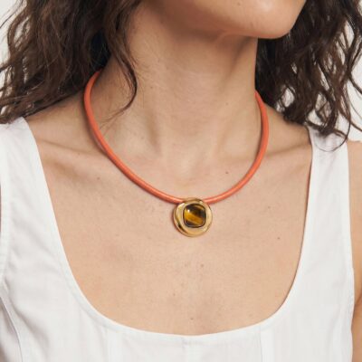 Veronica Beard Tiger’s Eye Leather Cord Necklace — Orange/Brown - Image 2