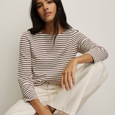 Veronica Beard Hovey Striped Top — Dove White/Raisin - Image 1