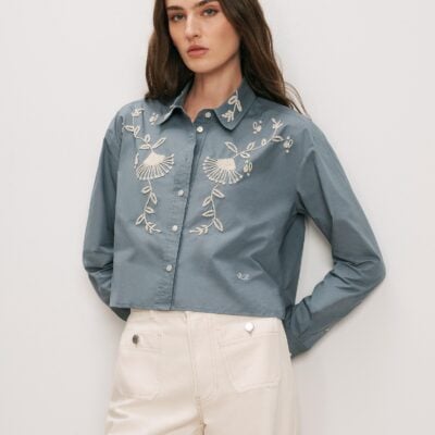 Veronica Beard Aderes Beaded Button-Down Shirt — Blue Steel - Image 1