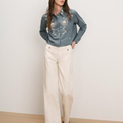 Veronica Beard Aderes Beaded Button-Down Shirt — Blue Steel - Image 2