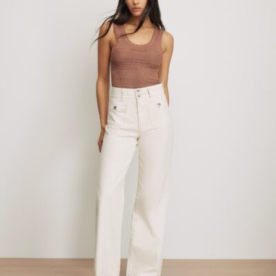 Veronica Beard Taylor Patch-Pocket Wide-Leg Jean — Ecru - Image 1