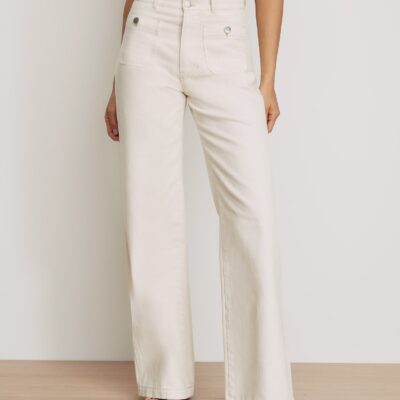 Veronica Beard Taylor Patch-Pocket Wide-Leg Jean — Ecru - Image 2