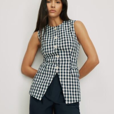 Veronica Beard Lois Gingham Vest — Navy/Dove White - Image 1