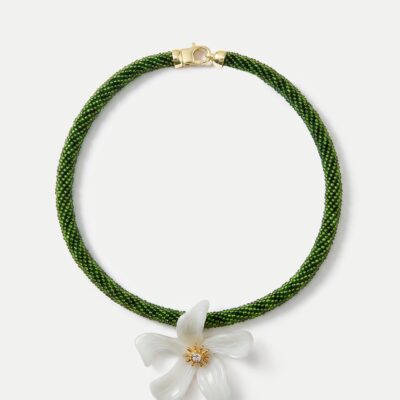 Veronica Beard Flower Pendant Beaded Necklace — Green/White - Image 1