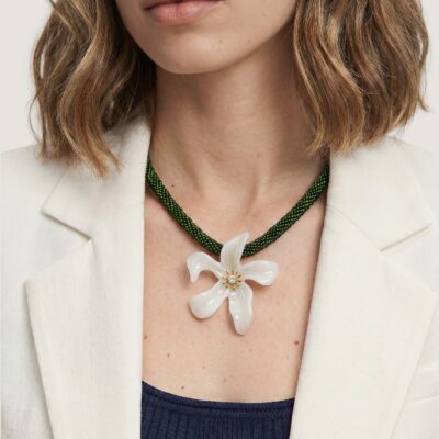 Veronica Beard Flower Pendant Beaded Necklace — Green/White - Image 2