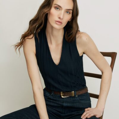 Veronica Beard Evania V-Neck Tank Top — Navy - Image 1