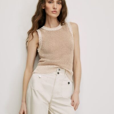 Veronica Beard Jerrel Cropped Knit Tank Top — Chai/Ecru - Image 1