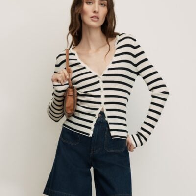 Veronica Beard Anwin Merino Wool Cardigan — Dove White/Navy - Image 1
