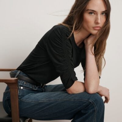 Veronica Beard Waldorf Ruched-Sleeve T-Shirt — Black - Image 1
