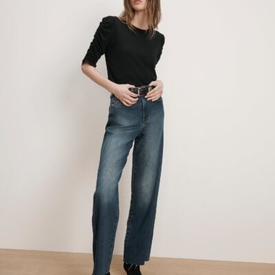 Veronica Beard Waldorf Ruched-Sleeve T-Shirt — Black - Image 2