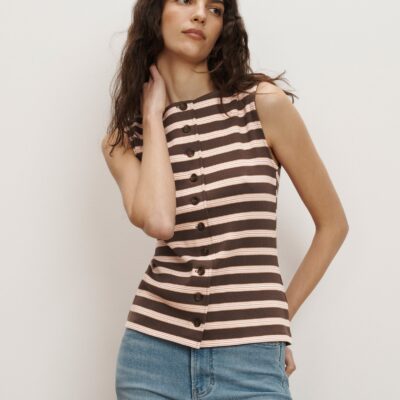 Veronica Beard Uma Ribbed Vest — Brown Stripe - Image 1