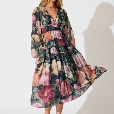 St Frock Brigette Midi Dress in Black with Multi Floral Print - Image 1