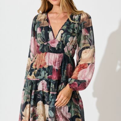 St Frock Brigette Midi Dress in Black with Multi Floral Print - Image 2